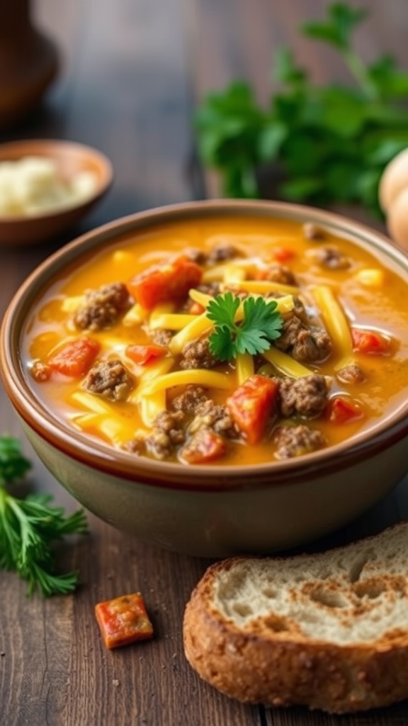 A comforting bowl of cheesy hamburger soup with ground beef, cheese, and vegetables on a rustic table with bread.